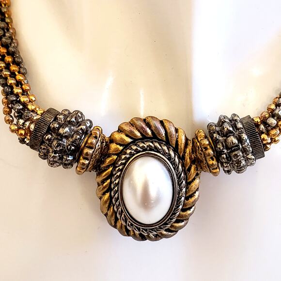 Vintage Multi-strand Black Silver Gold Colored Necklace Faux Pearl, Magnet Clasp - Picture 2 of 6